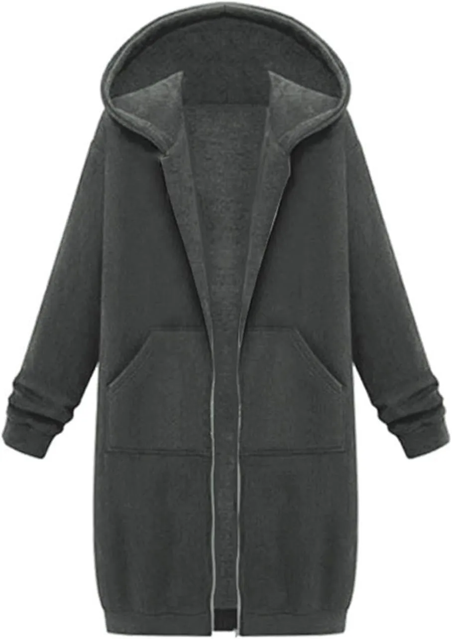 Womens Fall Winter Hoodies Mid Length Zip Up Hooded Long Sleeve Solid Warm Coats Fleece Thick Jackets with Pockets