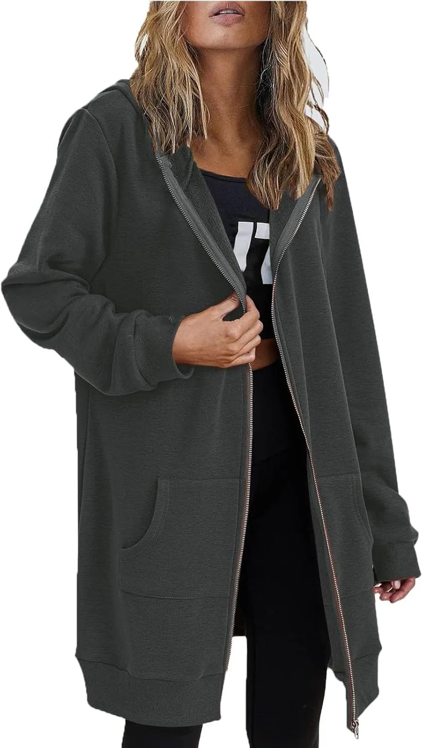 Womens Fall Winter Hoodies Mid Length Zip Up Hooded Long Sleeve Solid Warm Coats Fleece Thick Jackets with Pockets
