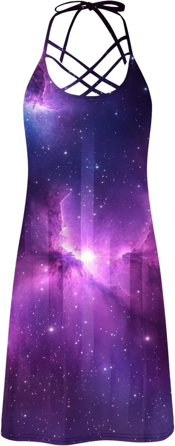 Womens Galaxy Print Sleeveless Sundress Strappy A Line Casual Dresses for Summer Night Out or Party Beach Style