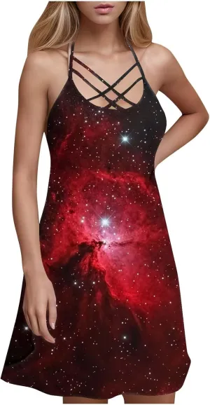 Womens Galaxy Print Sleeveless Sundress Strappy A Line Casual Dresses for Summer Night Out or Party Beach Style