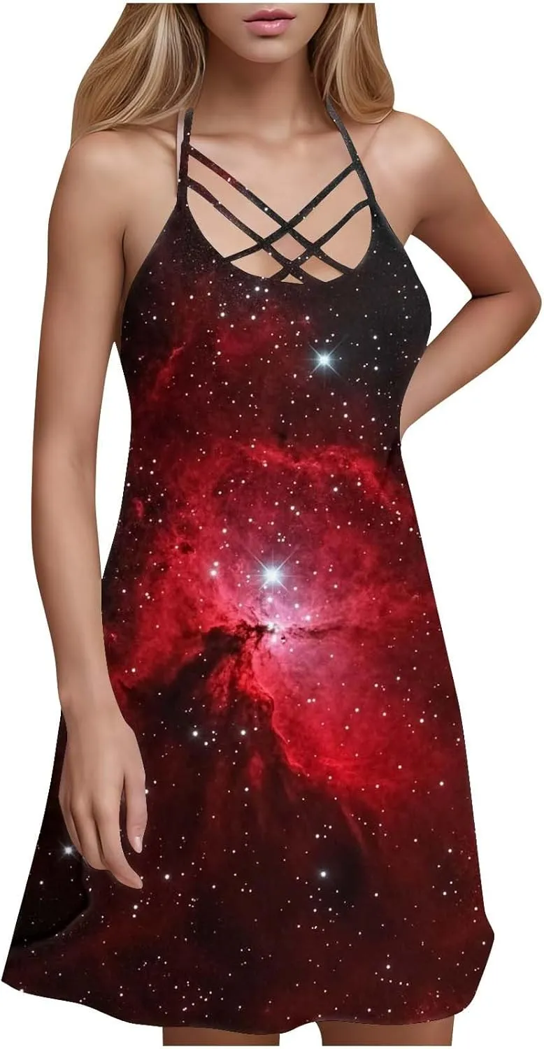 Womens Galaxy Print Sleeveless Sundress Strappy A Line Casual Dresses for Summer Night Out or Party Beach Style