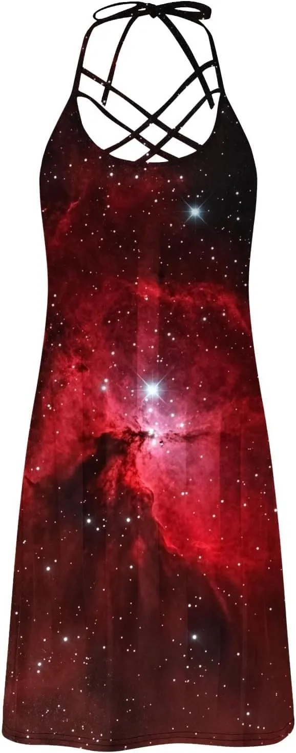 Womens Galaxy Print Sleeveless Sundress Strappy A Line Casual Dresses for Summer Night Out or Party Beach Style