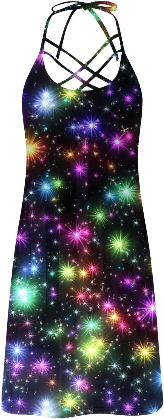 Womens Galaxy Print Sleeveless Sundress Strappy A Line Casual Dresses for Summer Night Out or Party Beach Style