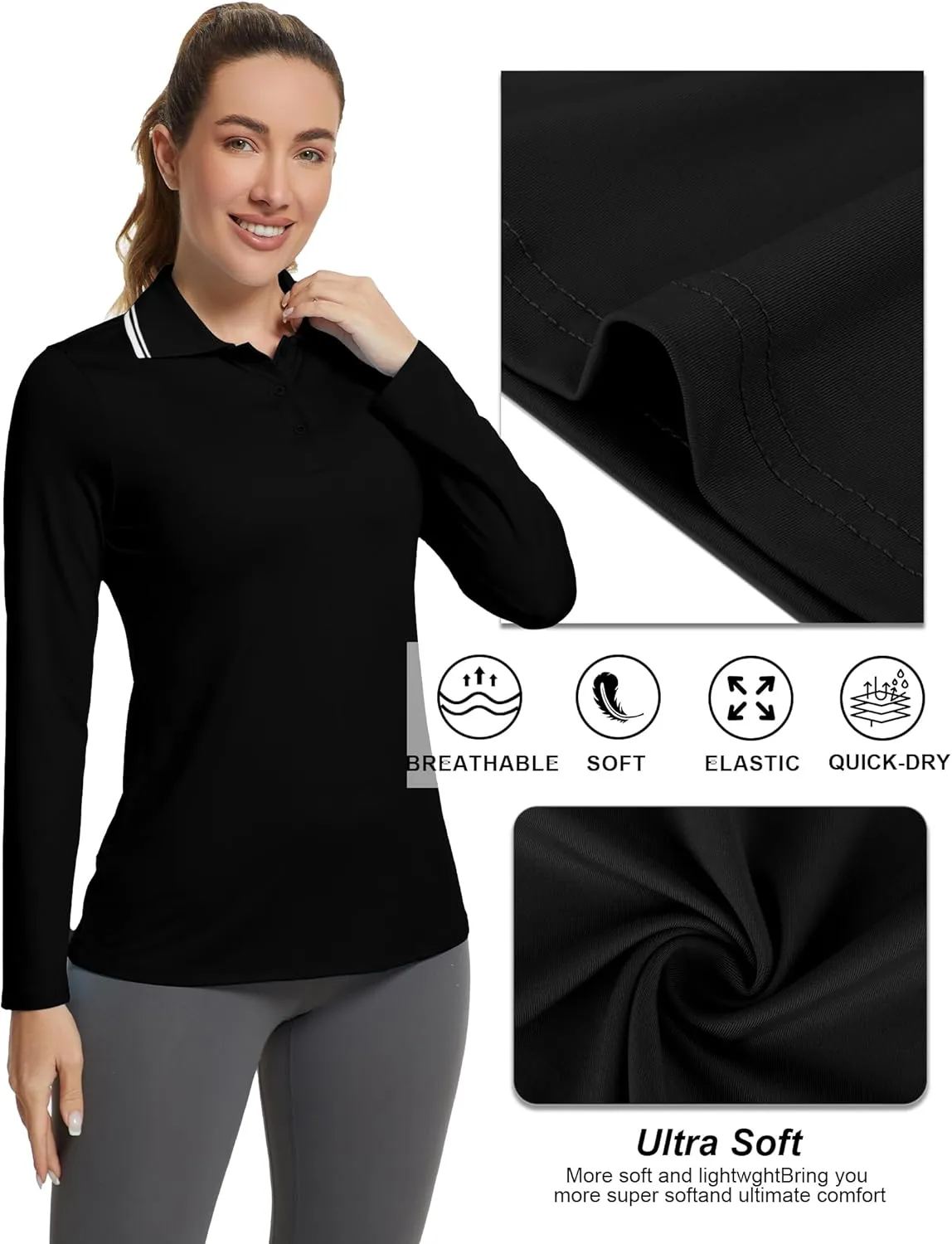 Women's Golf Polo Shirts Long Sleeve Workout Tops UPF 50  Sun Protection Quick Dry Lightweight Active Tennis Shirts