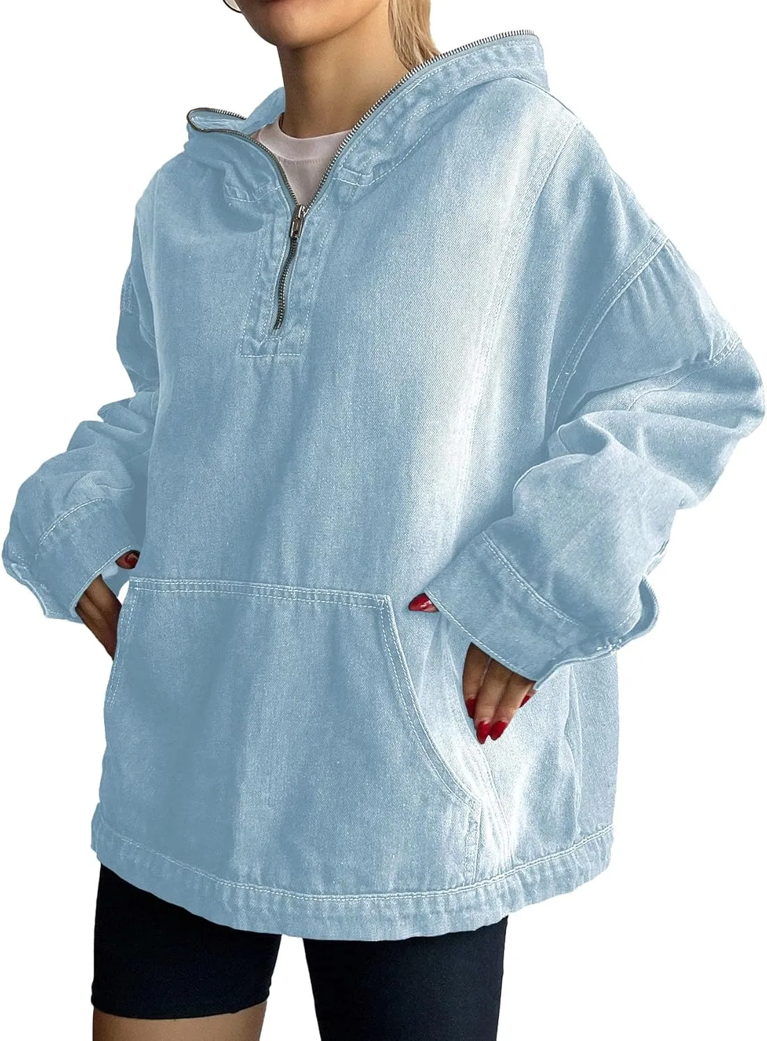 Women's Half Zip Denim Hoodie Pullover Sweatshirt Jean Jacket with Pocket