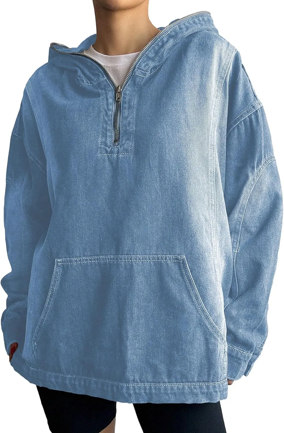 Women's Half Zip Denim Hoodie Pullover Sweatshirt Jean Jacket with Pocket