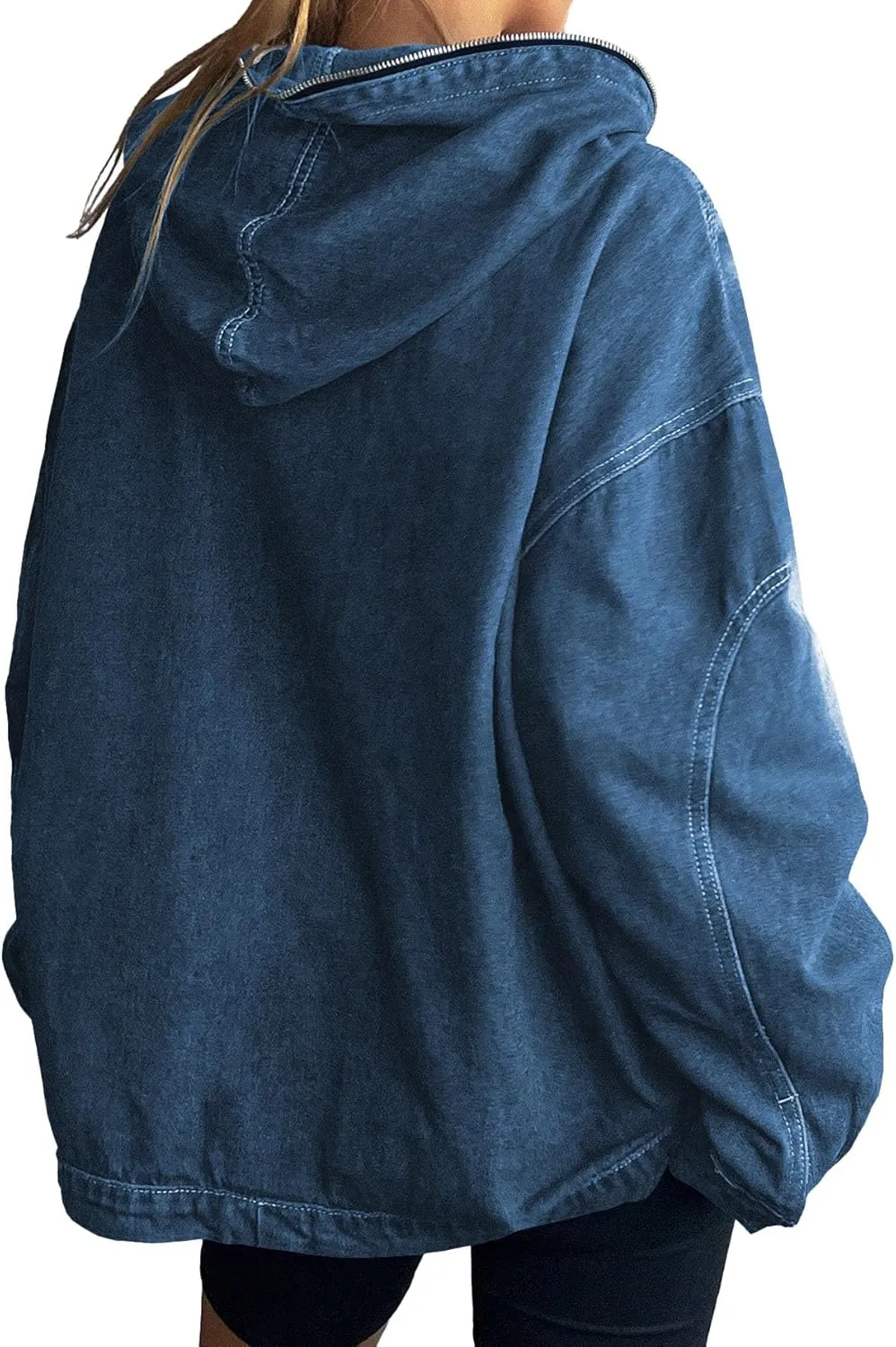 Women's Half Zip Denim Hoodie Pullover Sweatshirt Jean Jacket with Pocket
