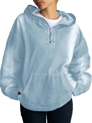 Women's Half Zip Denim Hoodie Pullover Sweatshirt Jean Jacket with Pocket