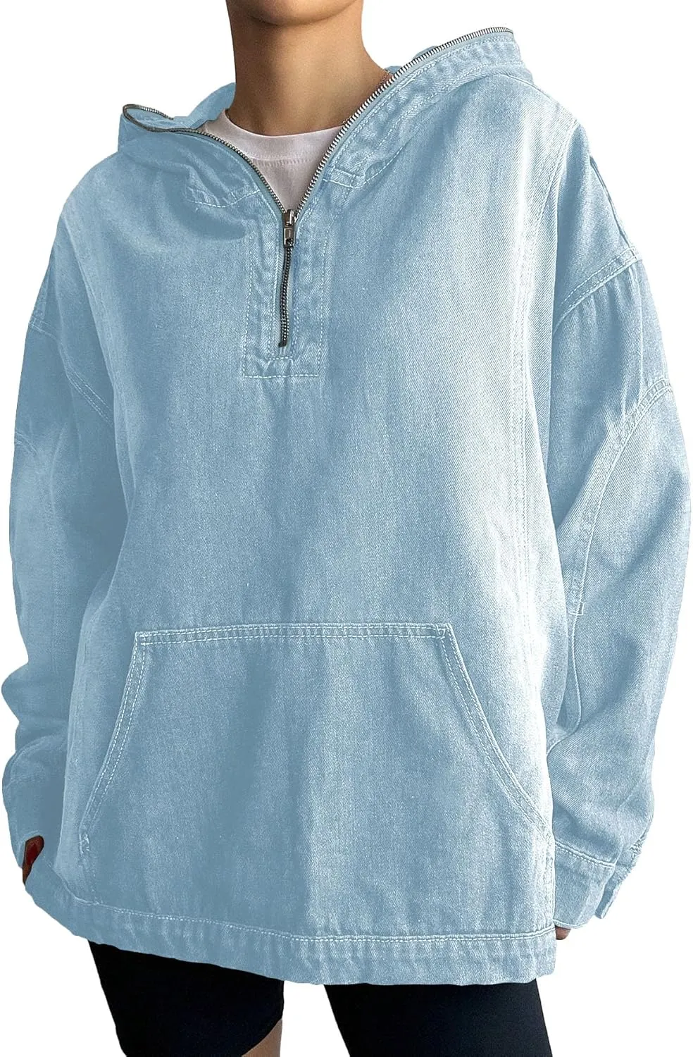 Women's Half Zip Denim Hoodie Pullover Sweatshirt Jean Jacket with Pocket