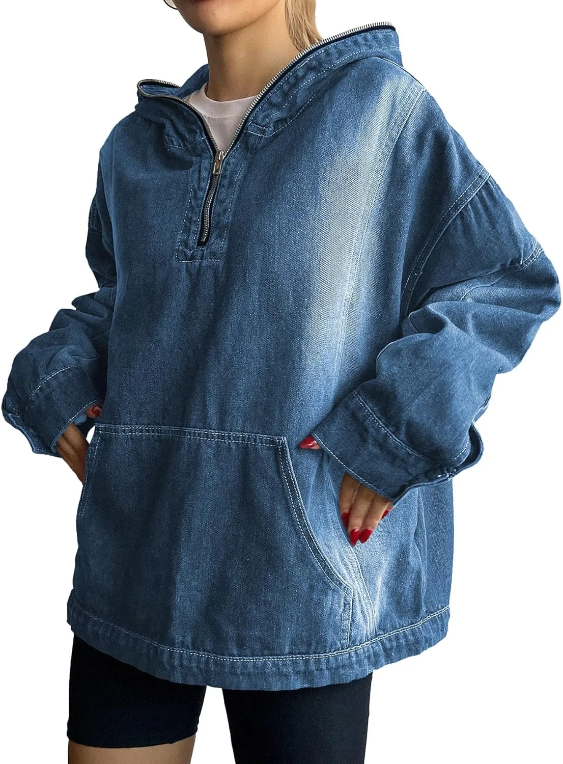Women's Half Zip Denim Hoodie Pullover Sweatshirt Jean Jacket with Pocket
