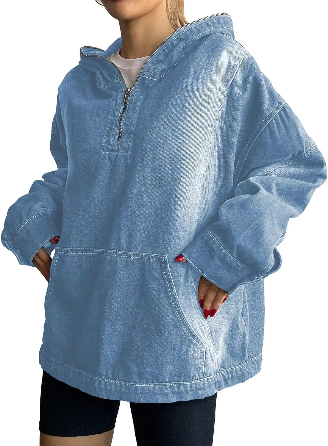 Women's Half Zip Denim Hoodie Pullover Sweatshirt Jean Jacket with Pocket