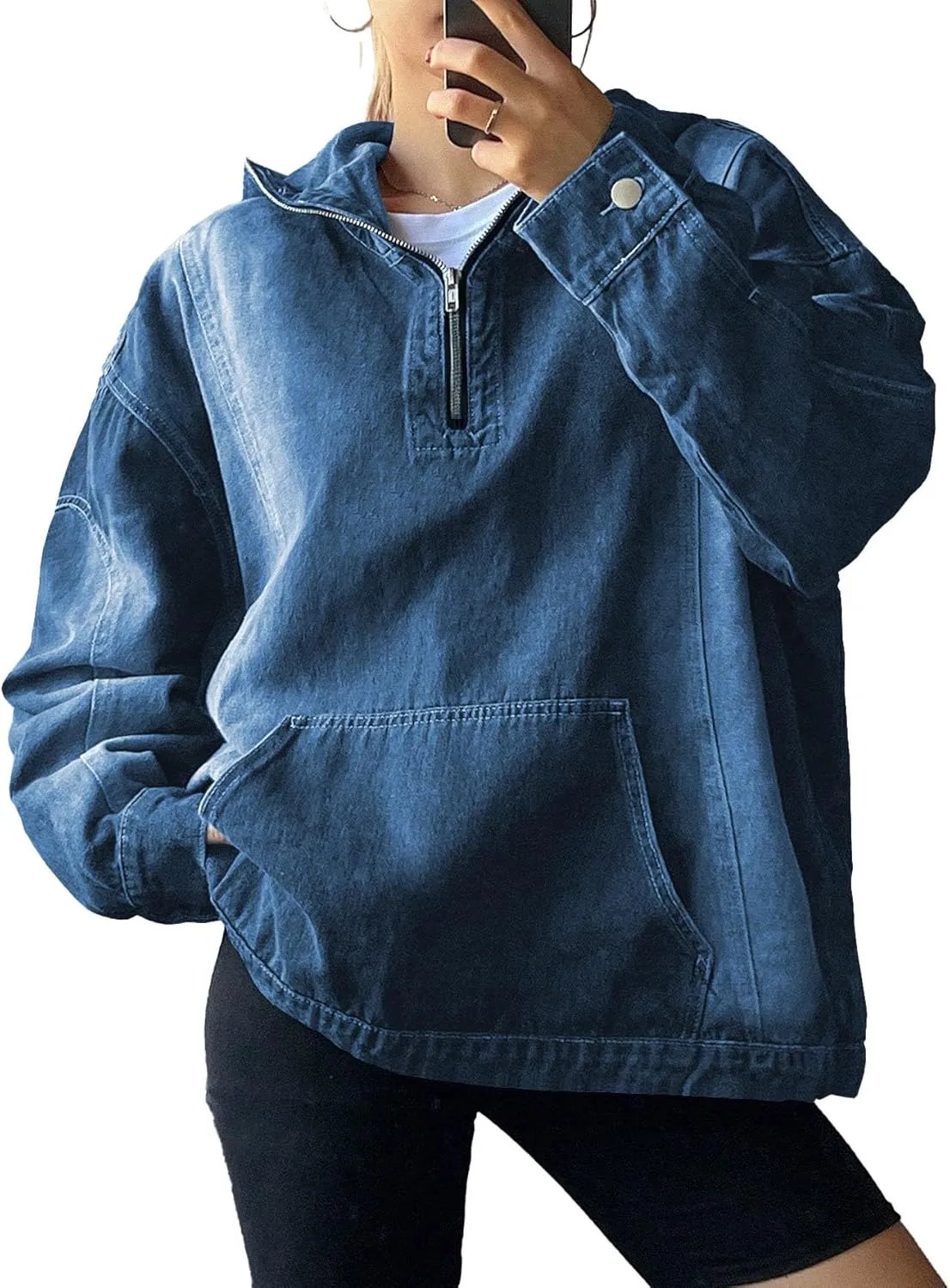 Women's Half Zip Denim Hoodie Pullover Sweatshirt Jean Jacket with Pocket