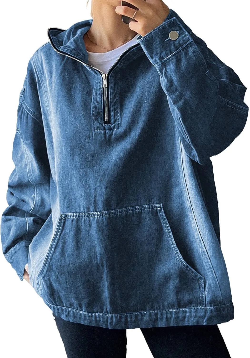 Women's Half Zip Denim Hoodie Pullover Sweatshirt Jean Jacket with Pocket