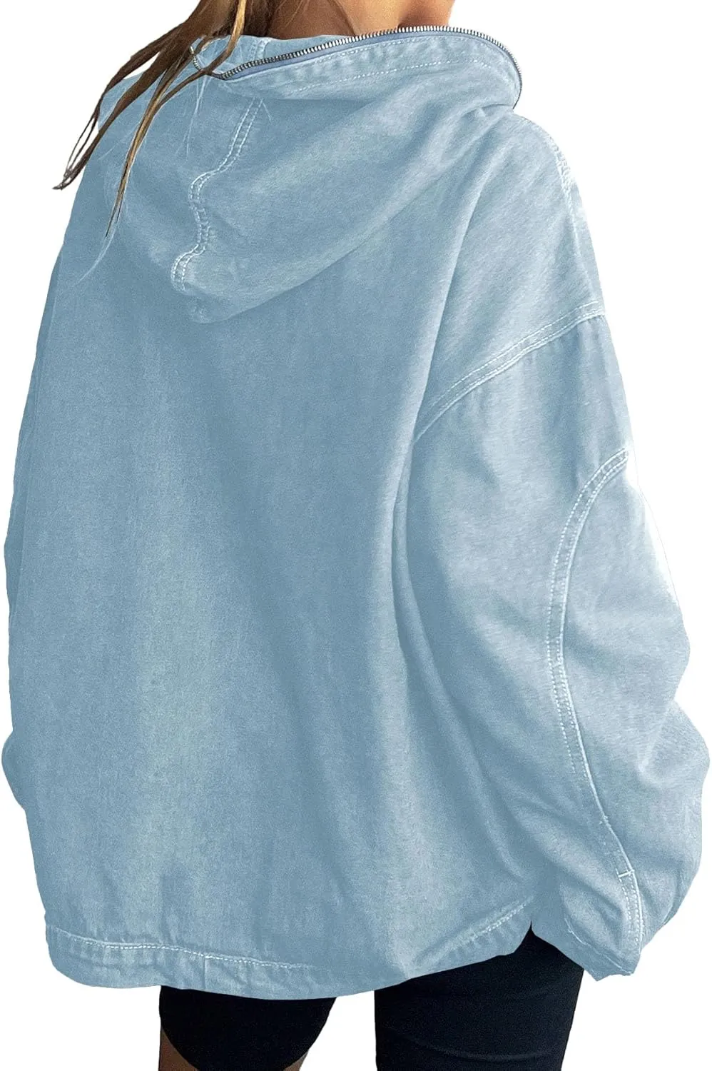 Women's Half Zip Denim Hoodie Pullover Sweatshirt Jean Jacket with Pocket