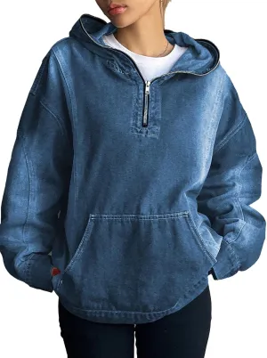 Women's Half Zip Denim Hoodie Pullover Sweatshirt Jean Jacket with Pocket