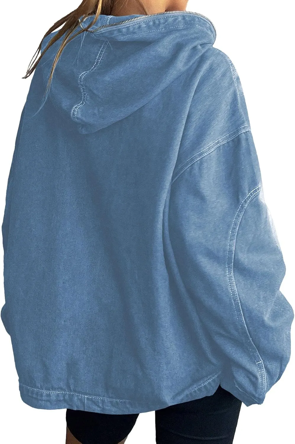 Women's Half Zip Denim Hoodie Pullover Sweatshirt Jean Jacket with Pocket