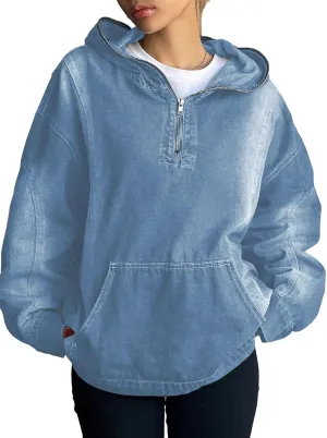 Women's Half Zip Denim Hoodie Pullover Sweatshirt Jean Jacket with Pocket