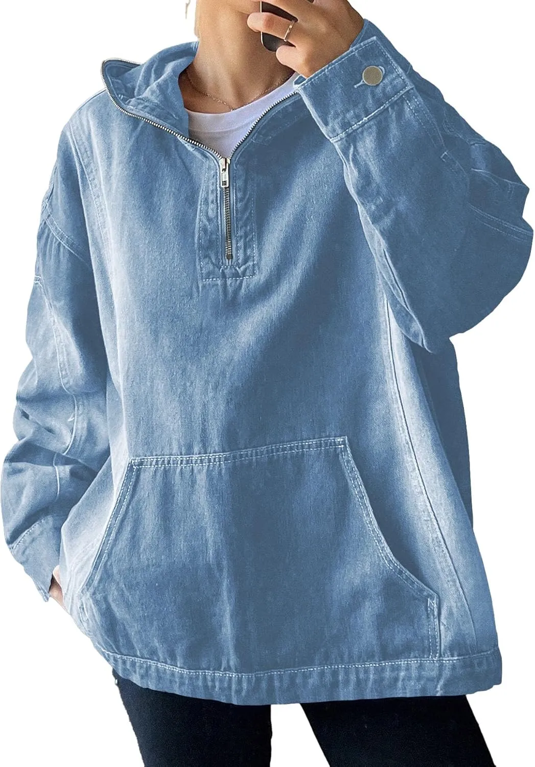 Women's Half Zip Denim Hoodie Pullover Sweatshirt Jean Jacket with Pocket