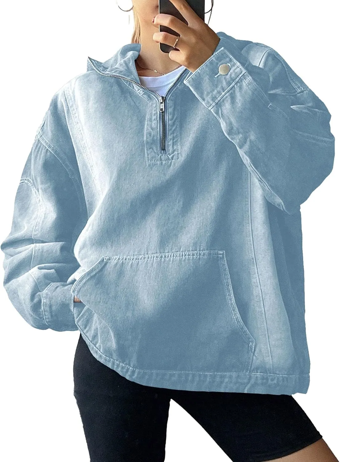 Women's Half Zip Denim Hoodie Pullover Sweatshirt Jean Jacket with Pocket