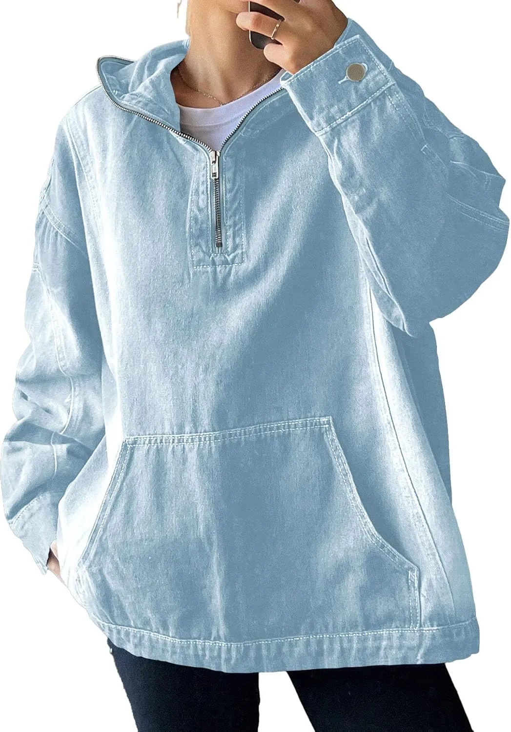 Women's Half Zip Denim Hoodie Pullover Sweatshirt Jean Jacket with Pocket