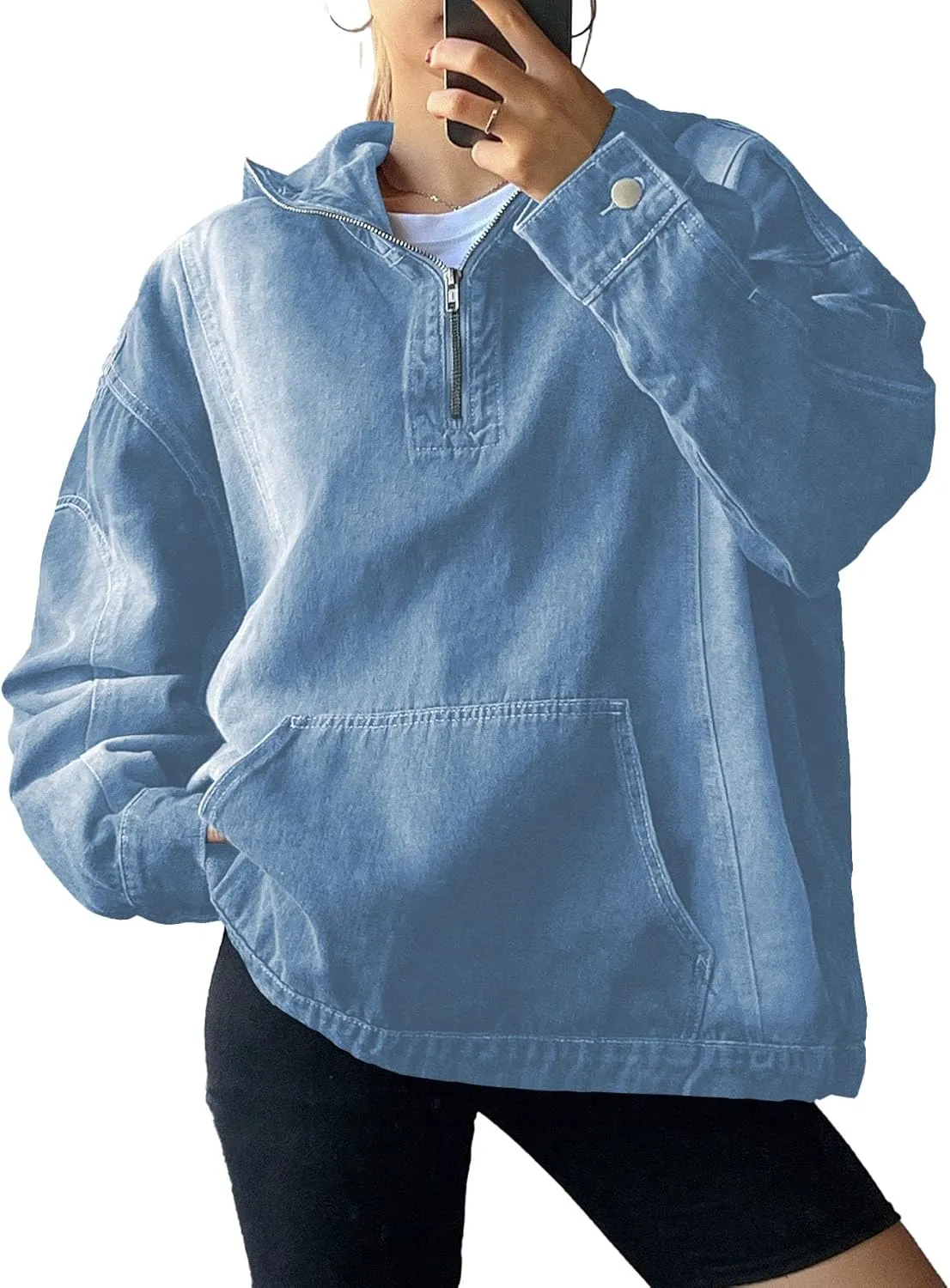 Women's Half Zip Denim Hoodie Pullover Sweatshirt Jean Jacket with Pocket