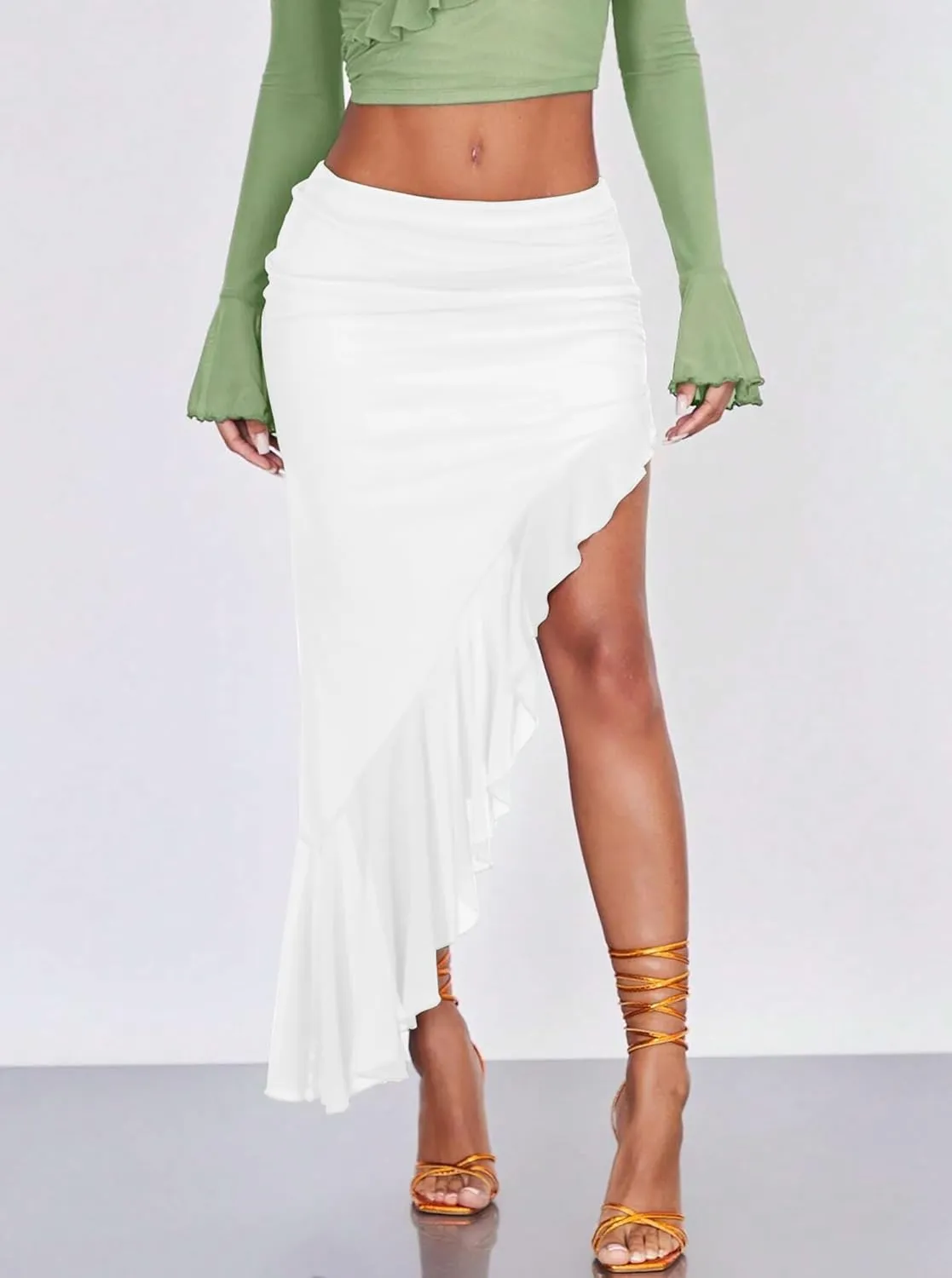 Women's High Waisted Asymmetrical Ruched Mesh Flowy Ruffle Trim Midi Long Skirt