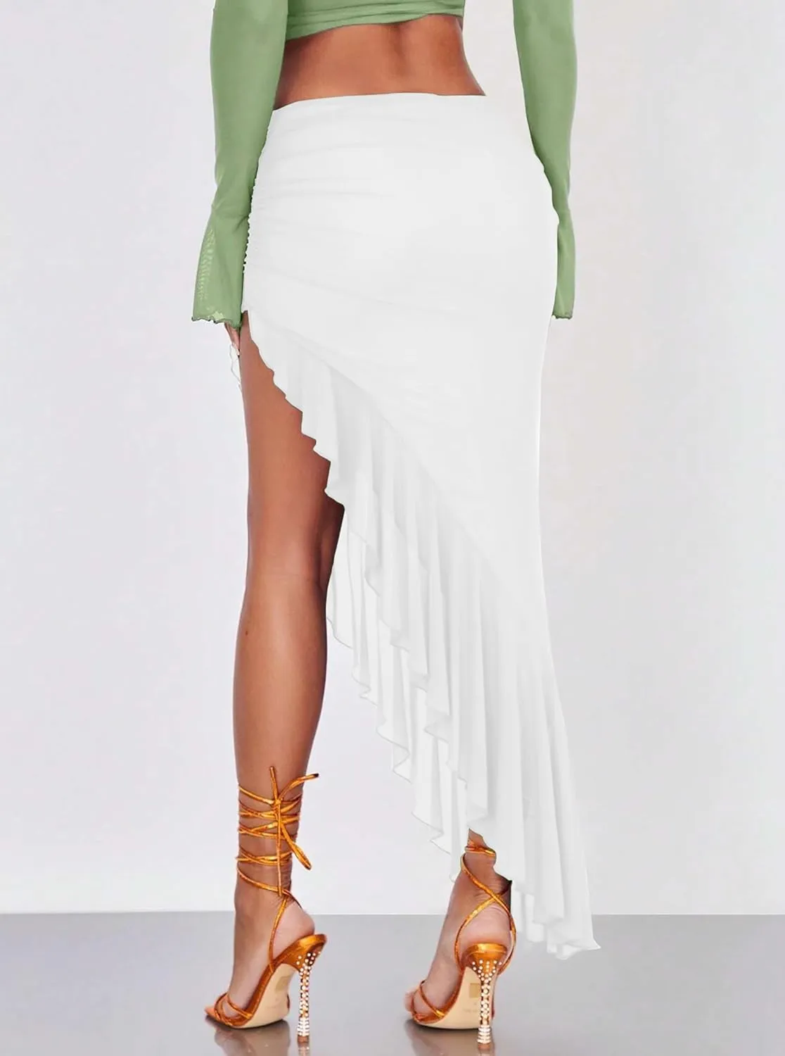 Women's High Waisted Asymmetrical Ruched Mesh Flowy Ruffle Trim Midi Long Skirt