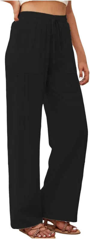 Women's Linen Pants Casual Button up High Waisted Pant Dressy Wide Leg Long Trousers Pant Palazzo Lounge Pants