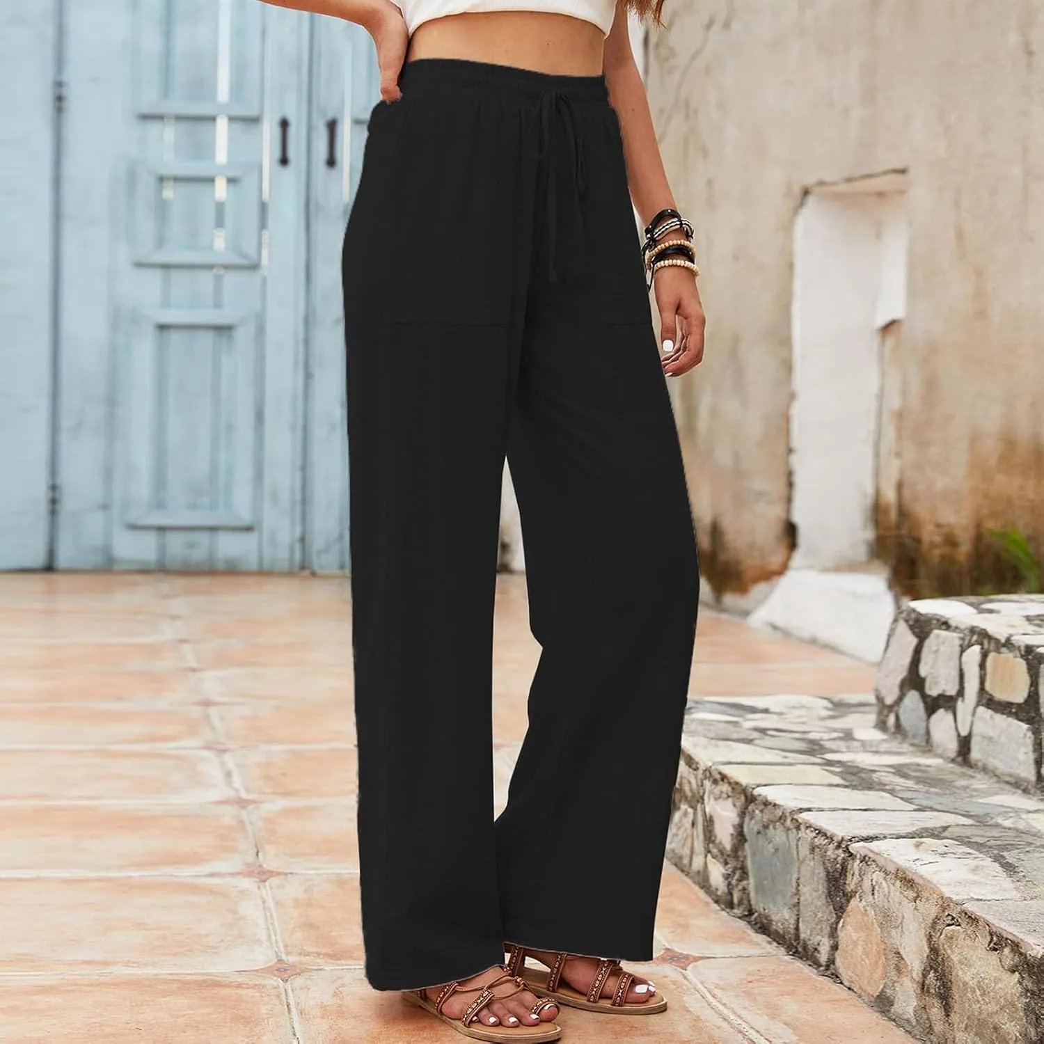 Women's Linen Pants Casual Button up High Waisted Pant Dressy Wide Leg Long Trousers Pant Palazzo Lounge Pants