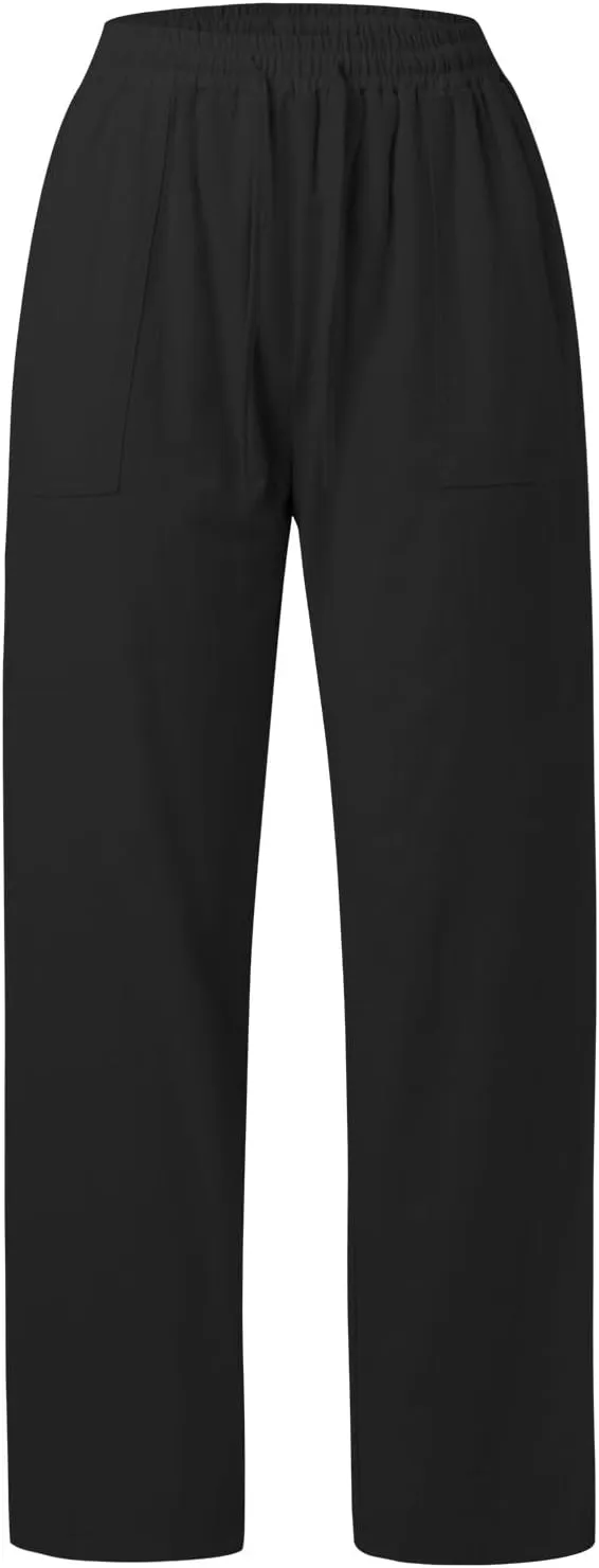 Women's Linen Pants Casual Button up High Waisted Pant Dressy Wide Leg Long Trousers Pant Palazzo Lounge Pants
