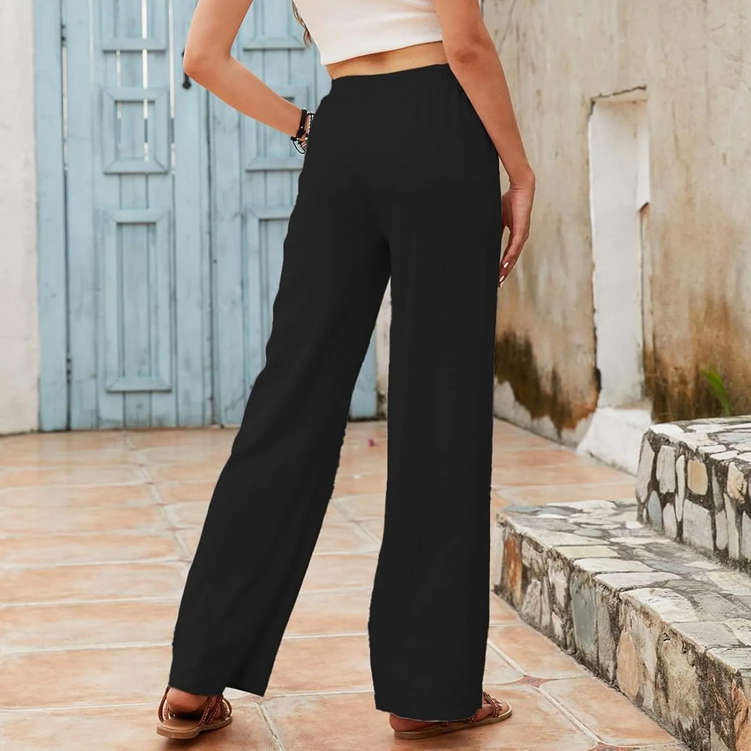Women's Linen Pants Casual Button up High Waisted Pant Dressy Wide Leg Long Trousers Pant Palazzo Lounge Pants