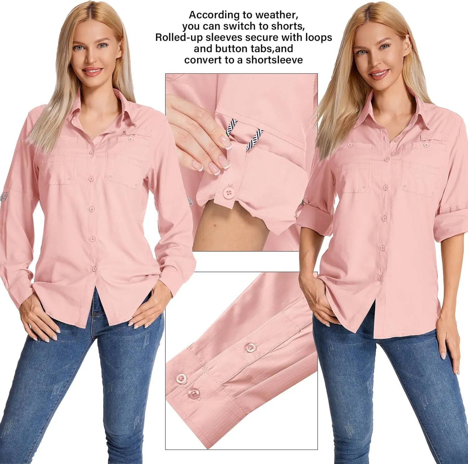 Womens Long Sleeve Sun Protection Hiking Fishing Shirts UPF 50  UV Lightweight Quick-Dry Safari Shirts Womens Outdoor