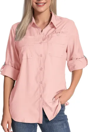 Womens Long Sleeve Sun Protection Hiking Fishing Shirts UPF 50  UV Lightweight Quick-Dry Safari Shirts Womens Outdoor