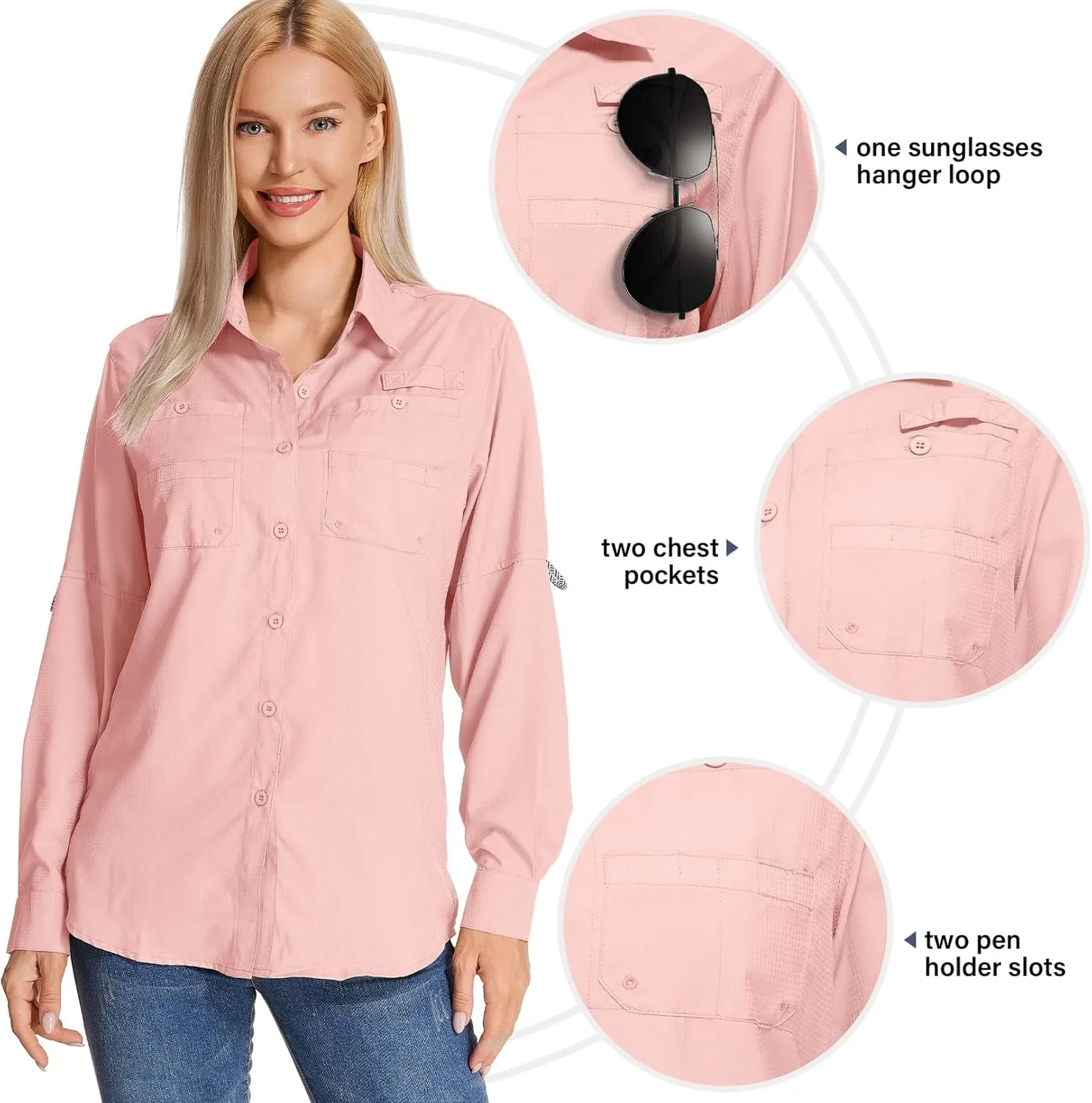 Womens Long Sleeve Sun Protection Hiking Fishing Shirts UPF 50  UV Lightweight Quick-Dry Safari Shirts Womens Outdoor