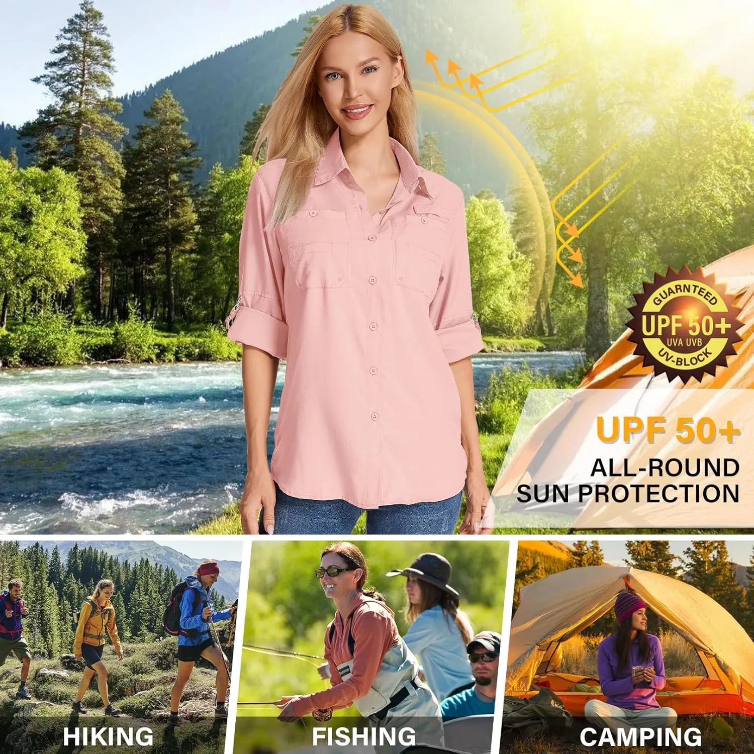 Womens Long Sleeve Sun Protection Hiking Fishing Shirts UPF 50  UV Lightweight Quick-Dry Safari Shirts Womens Outdoor
