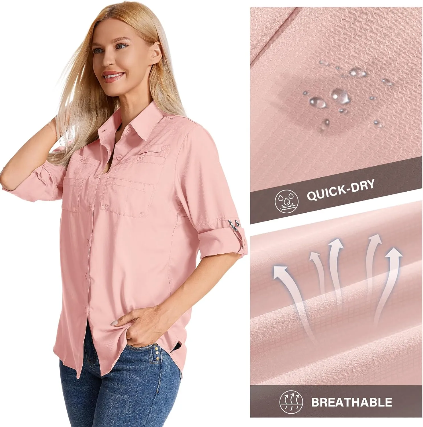 Womens Long Sleeve Sun Protection Hiking Fishing Shirts UPF 50  UV Lightweight Quick-Dry Safari Shirts Womens Outdoor