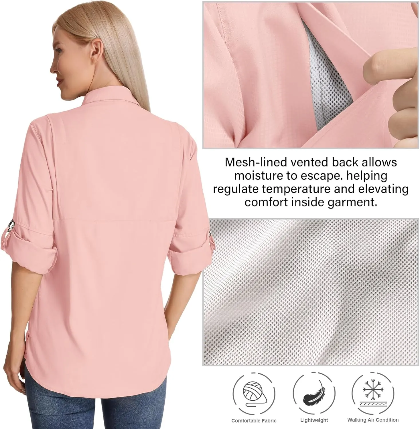 Womens Long Sleeve Sun Protection Hiking Fishing Shirts UPF 50  UV Lightweight Quick-Dry Safari Shirts Womens Outdoor