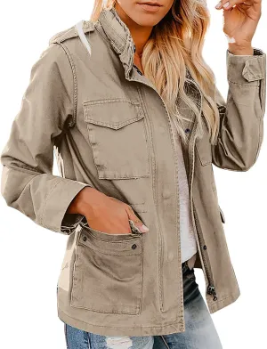 Womens Military Anorak Jacket Lapel Zip Up Snap Button Parka Outdoor Utility Lightweight Fields Outwear with Pockets