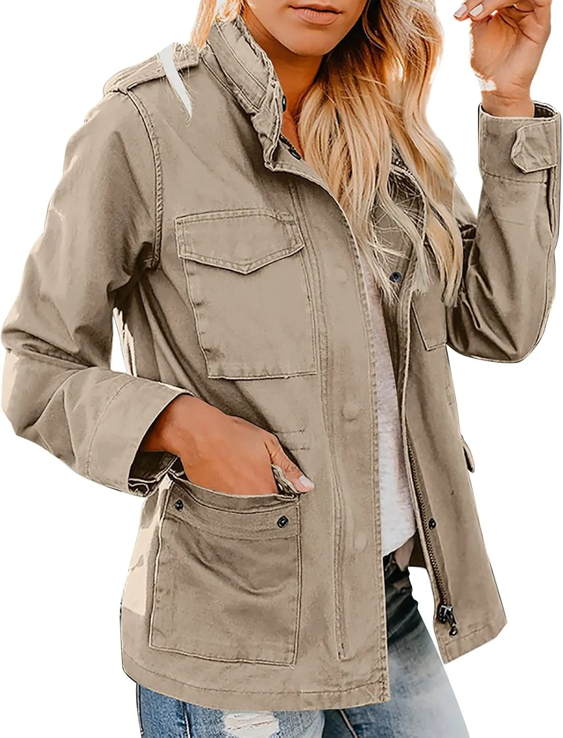 Womens Military Anorak Jacket Lapel Zip Up Snap Button Parka Outdoor Utility Lightweight Fields Outwear with Pockets