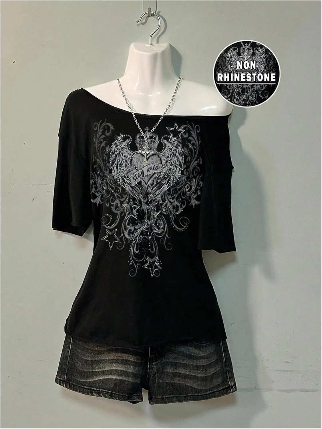 Women's Off The Shoulder Goth Graphic Tees Short Sleeve Asymmetrical Slim Fit Y2K T Shirts