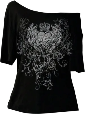 Women's Off The Shoulder Goth Graphic Tees Short Sleeve Asymmetrical Slim Fit Y2K T Shirts