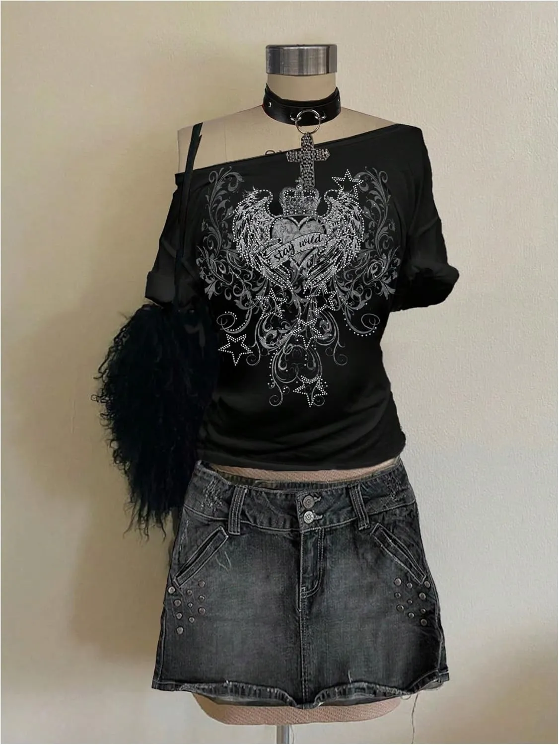 Women's Off The Shoulder Goth Graphic Tees Short Sleeve Asymmetrical Slim Fit Y2K T Shirts