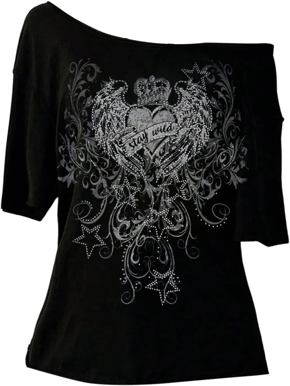 Women's Off The Shoulder Goth Graphic Tees Short Sleeve Asymmetrical Slim Fit Y2K T Shirts