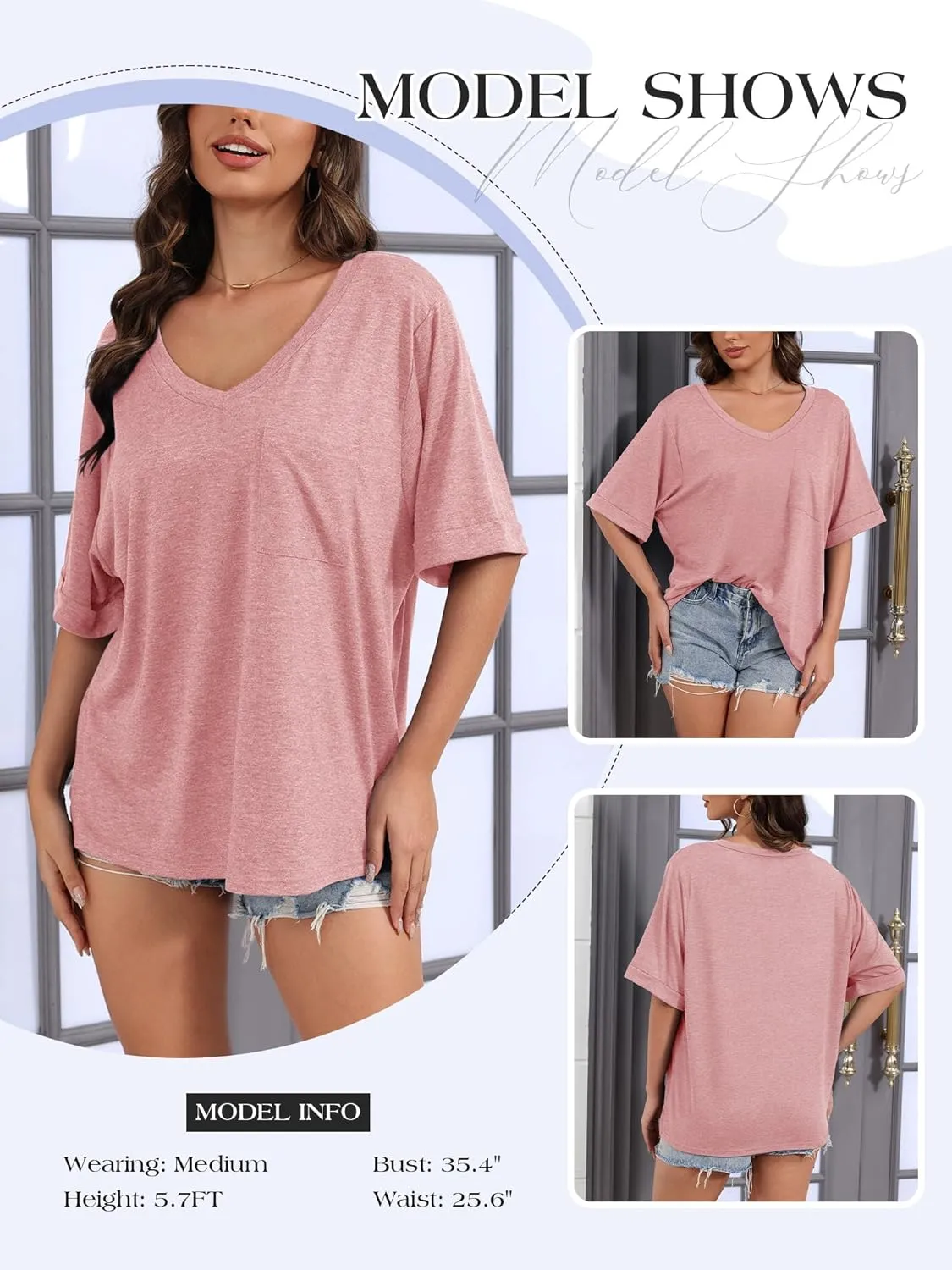 Womens Oversized T Shirts V Neck Rolled Sleeve Pocket Summer Tops Casual Loose Basic Tee Shirts 2024 Trendy