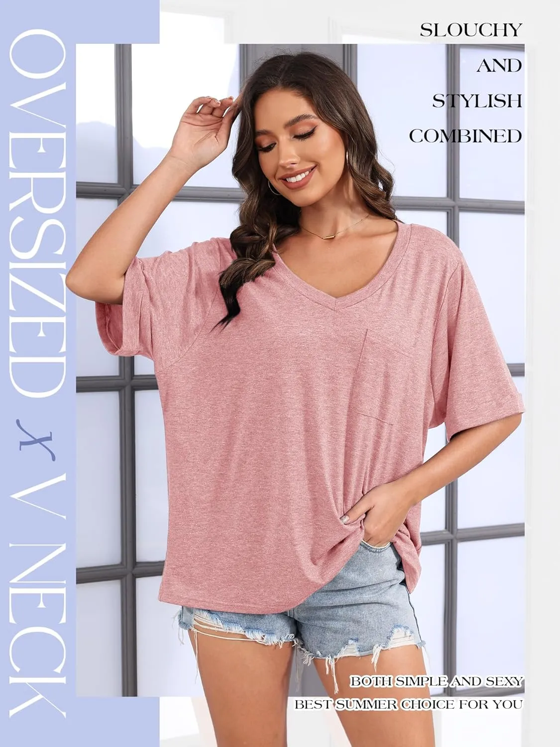 Womens Oversized T Shirts V Neck Rolled Sleeve Pocket Summer Tops Casual Loose Basic Tee Shirts 2024 Trendy