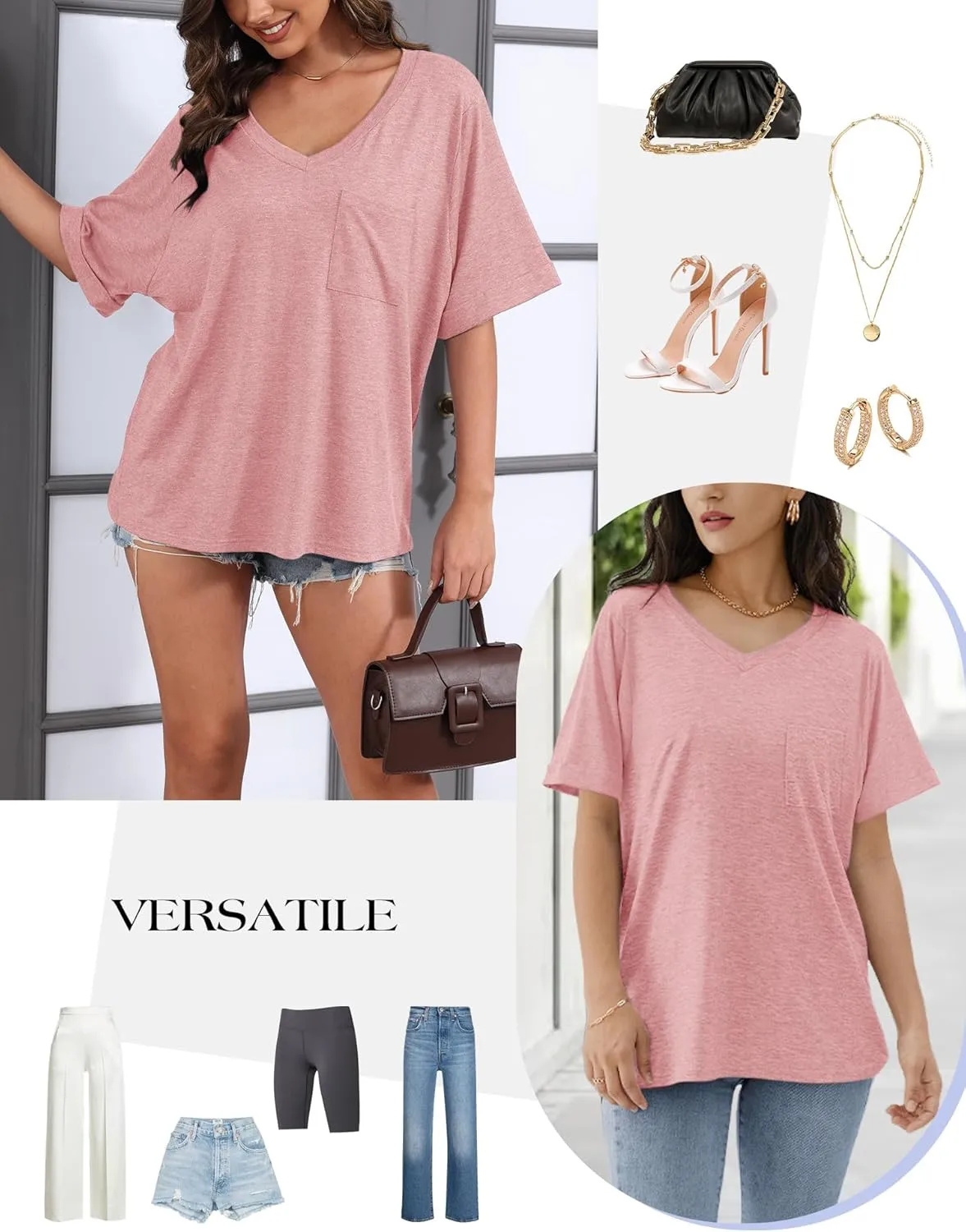 Womens Oversized T Shirts V Neck Rolled Sleeve Pocket Summer Tops Casual Loose Basic Tee Shirts 2024 Trendy