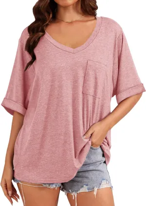 Womens Oversized T Shirts V Neck Rolled Sleeve Pocket Summer Tops Casual Loose Basic Tee Shirts 2024 Trendy