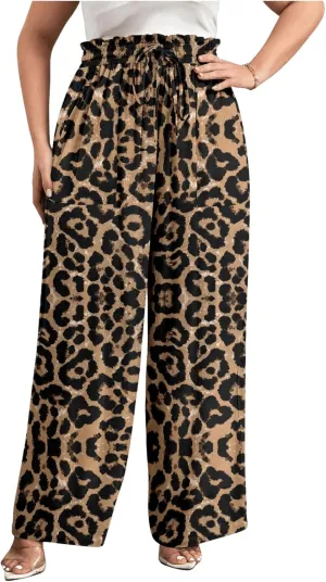 Women's Plus Size Leopard Print High Waisted Pants Wide Leg Tie Front Ruffled Trousers