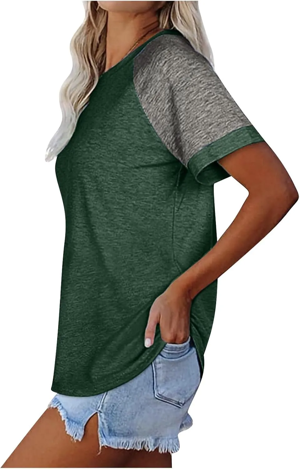 Women's Short Raglan Sleeve T-Shirts Trendy Casual Color Block Crewneck Tops Daily Outdoor Loose Fit Spring Shirts