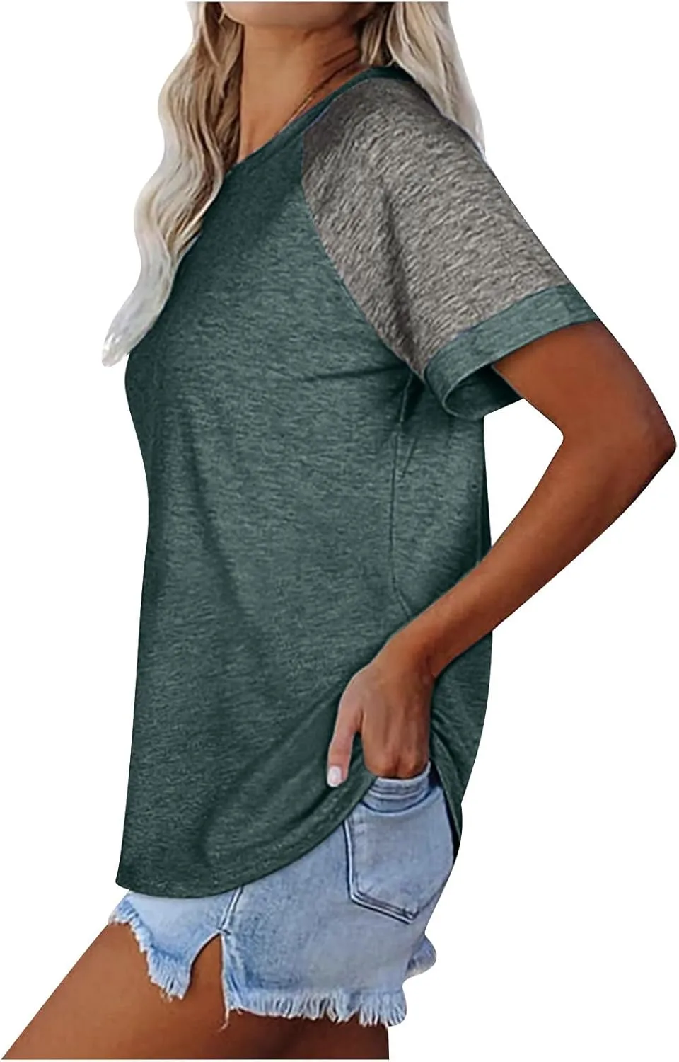 Women's Short Raglan Sleeve T-Shirts Trendy Casual Color Block Crewneck Tops Daily Outdoor Loose Fit Spring Shirts